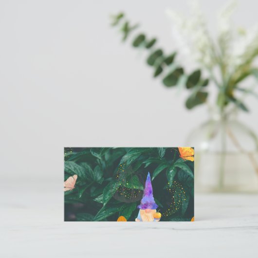 Dwerf met pompoen en magische paddenstoelen en sla visitekaartje (Staand voorkant)