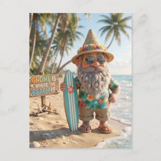 Dwerg op tropisch strand met surfplank briefkaart (Voorkant)
