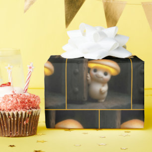 Dwergpaddenstoel gluurt rond een deur cadeaupapier