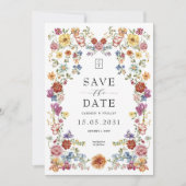 Dwergtuinbouillon kleurrijk bloemmonogram save the date (Voorkant)