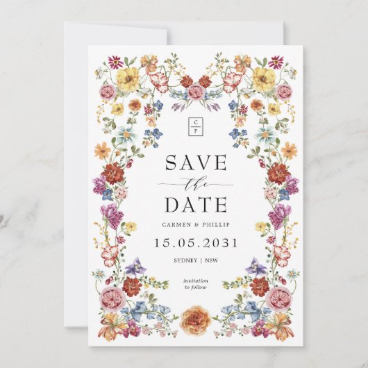 Dwergtuinbouillon kleurrijk bloemmonogram save the date (Voorkant)