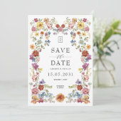 Dwergtuinbouillon kleurrijk bloemmonogram save the date (Staand voorkant)