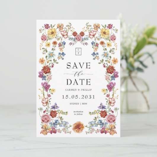 Dwergtuinbouillon kleurrijk bloemmonogram save the date (Staand voorkant)