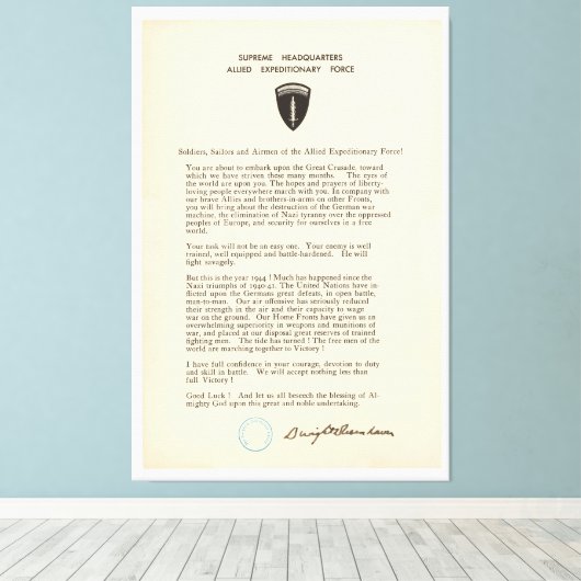 Dwight D. Eisenhower's Order of the Day (1944) Canvas Afdruk (Insitu (Houten vloer))