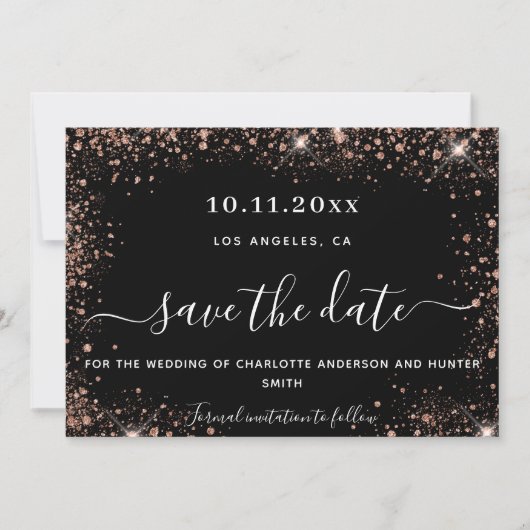 Dwingende zwarte roos goudglitter save the date (Voorkant)