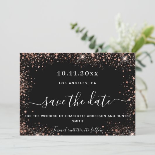 Dwingende zwarte roos goudglitter save the date (Staand voorkant)