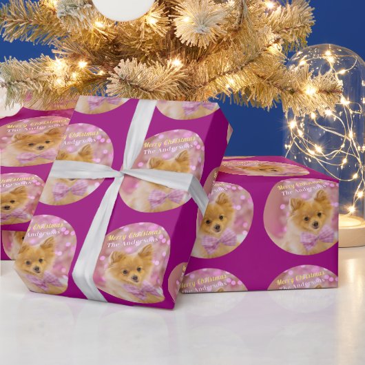 DY Merry kerst & Name, Cute Dog, Red Violet Cadeaupapier (Feestdagen)