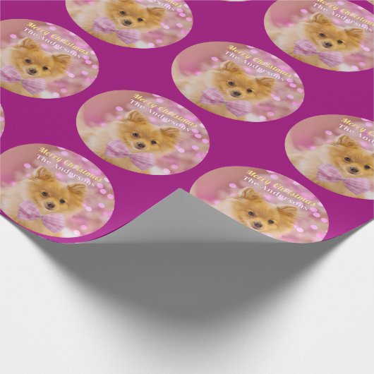 DY Merry kerst & Name, Cute Dog, Red Violet Cadeaupapier (Hoek)