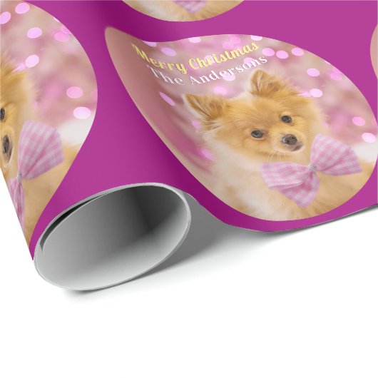 DY Merry kerst & Name, Cute Dog, Red Violet Cadeaupapier (Rol Hoek)