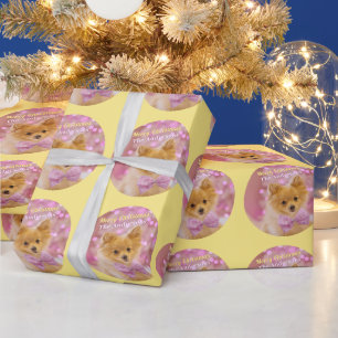 DY Merry Kerstmis en naam, Cute Dog, Bleek Geel Cadeaupapier