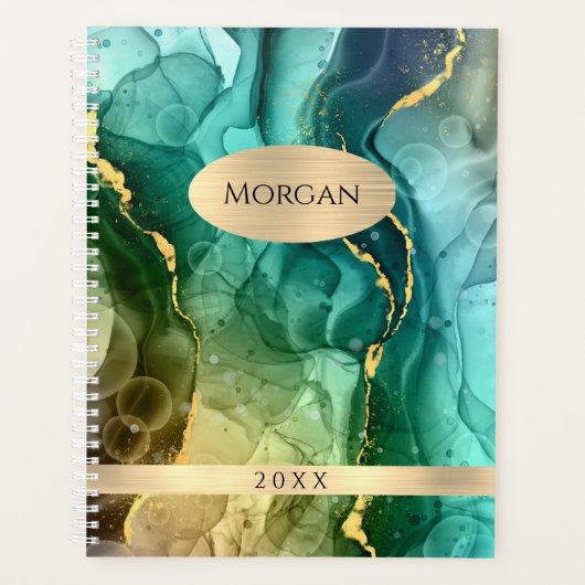 DY-naam en -datum, Blauwgroen & Gold Ink Abstract, Planner (Voorkant)