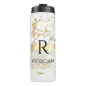 DY-naam en zwart monogram, wit en goudmarmer Thermosbeker (Voorkant)