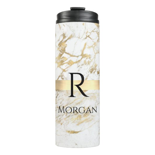 DY-naam en zwart monogram, wit en goudmarmer Thermosbeker (Voorkant)
