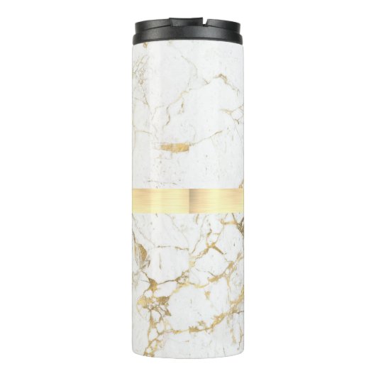 DY-naam en zwart monogram, wit en goudmarmer Thermosbeker (Achterkant)