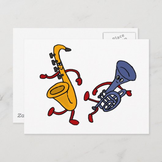 DY-saxofone en Trumpet Dansende Cartoon Briefkaart (Voorkant / Achterkant)