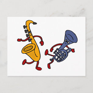 DY-saxofone en Trumpet Dansende Cartoon Briefkaart