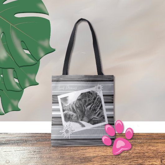 DY zwarte & witte gestreepte canvas tas met katten