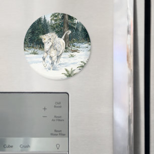 Dyfra IJslandse Eenhoorn Dartelt in Besneeuwd Bos Magneet