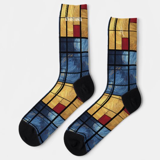 Dynamic Abstract Socks in Blue, Yellow, and Red Sokken (Links)