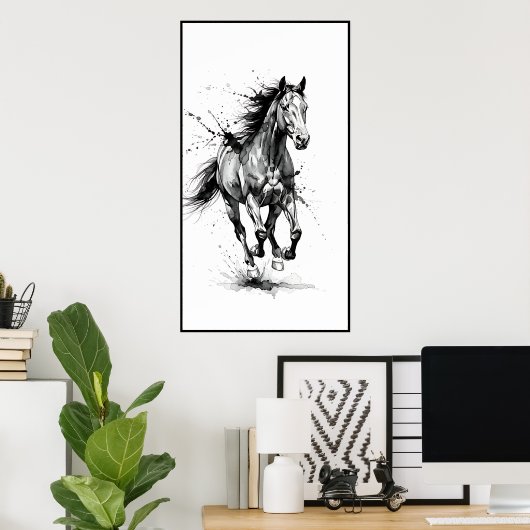 Dynamic Black and White Horse Poster (Thuiskantoor)