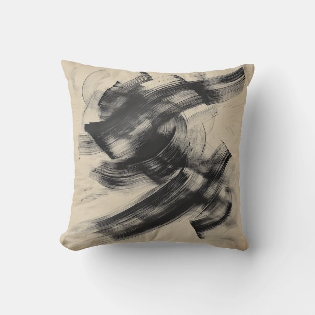 Dynamic Black Ink Brushstroke Abstract Throw Pillo Kussen (Voorkant)