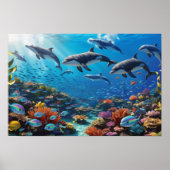 Dynamic Dolphin Pod & Fishes - Vibrant Coral Reef Poster (Voorkant)