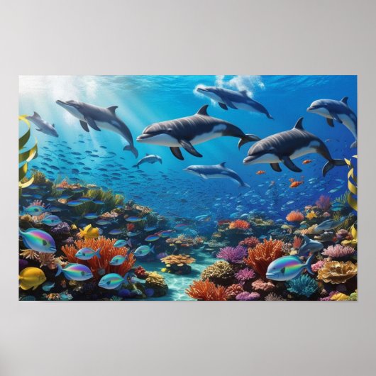 Dynamic Dolphin Pod & Fishes - Vibrant Coral Reef Poster (Voorkant)