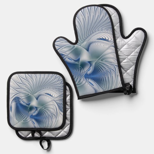 Dynamic Fantasy Abstract Blue Tones Fractal Art Ovenwant & Pannenlap Set (Voorkant / Achterkant)