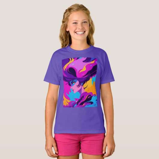 Dynamic Female Anime Profile In Bright Pinks T-shirt (Voorkant volledig)