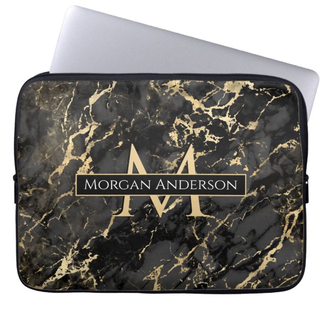 Dynamic Gold & Black Marble, DIY Monogram en naam Laptop Sleeve (Voorkant)