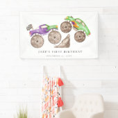 Dynamic Paarse Groene Monster Trucks Verjaardag Spandoek (Insitu)