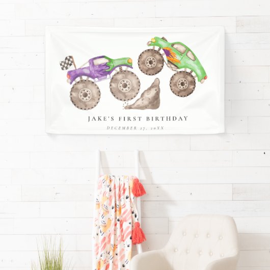 Dynamic Paarse Groene Monster Trucks Verjaardag Spandoek (Insitu)