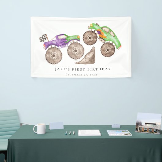 Dynamic Paarse Groene Monster Trucks Verjaardag Spandoek (Beurs)