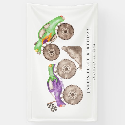 Dynamic Paarse Groene Monster Trucks Verjaardag Spandoek (Verticaal)