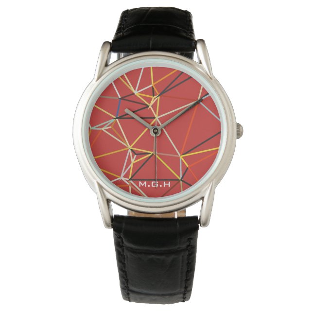 Dynamic Red Abstract Geometric Monogram Horloge (Voorkant)