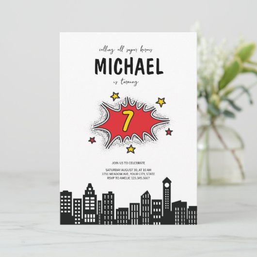 Dynamic Superhero 1e Verjaardag uitnodiging (Staand voorkant)