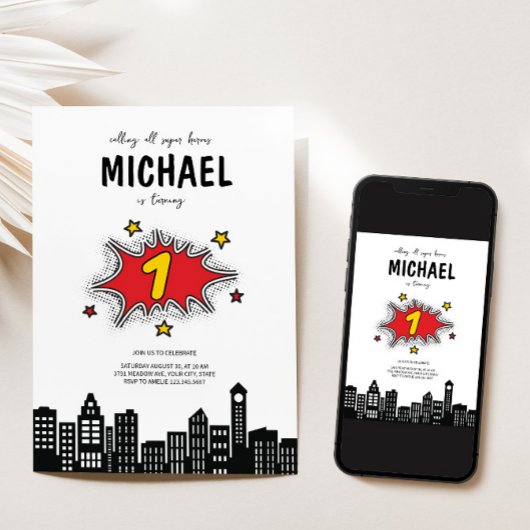 Dynamic Superhero 1e Verjaardag uitnodiging