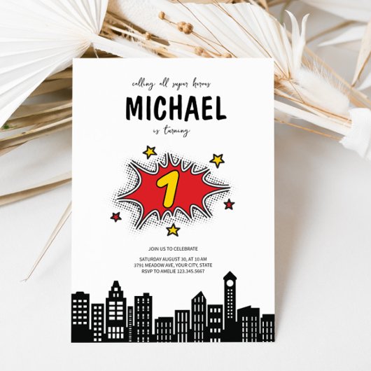 Dynamic Superhero 1e Verjaardag uitnodiging