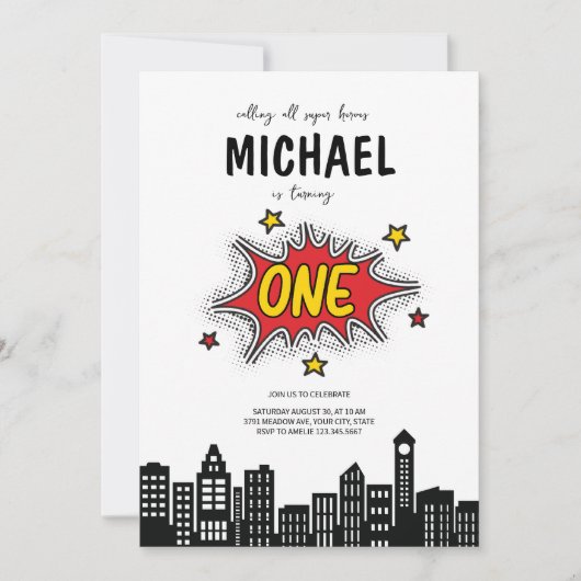 Dynamic Superhero 1e Verjaardag uitnodiging (Voorkant)