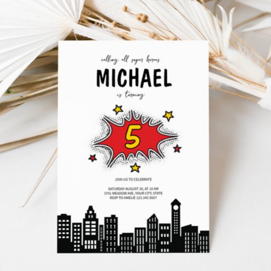 Dynamic Superhero 5th Verjaardag uitnodiging