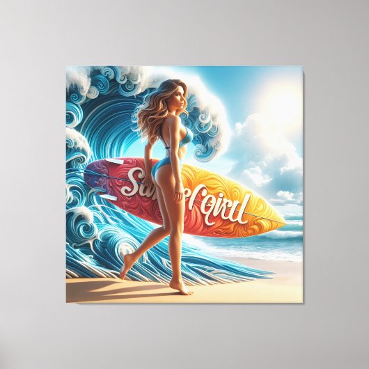 Dynamic Surfer Girl Walking Beach Waves Art Canvas Afdruk (Voorkant)
