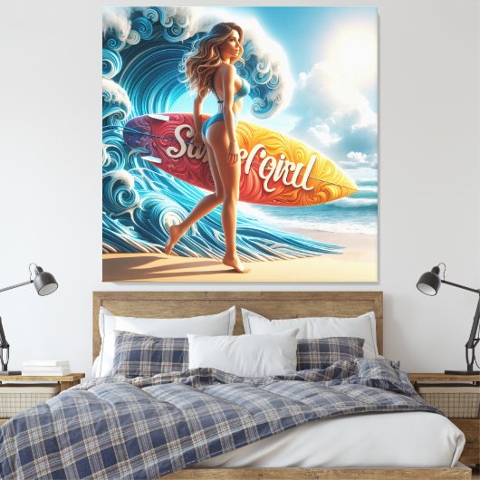 Dynamic Surfer Girl Walking Beach Waves Art Canvas Afdruk (Insitu (Slaapkamer))