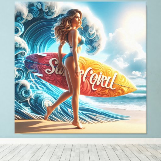 Dynamic Surfer Girl Walking Beach Waves Art Canvas Afdruk (Insitu (Houten vloer))