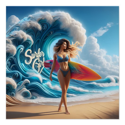 Dynamic Surfer Girl Walking Beach Waves Art Perfect Poster (Voorkant)