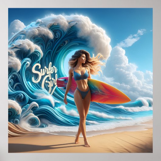 Dynamic Surfer Girl Walking Beach Waves Art Poster (Voorkant)