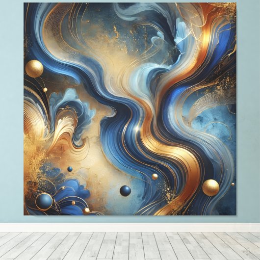 Dynamic Swirls of Blue and Gold Canvas Art (Insitu (Houten vloer))