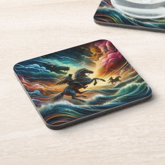 Dynamisch duo: Stormy Horseback Adventure Bier Onderzetter (Linkerzijde)