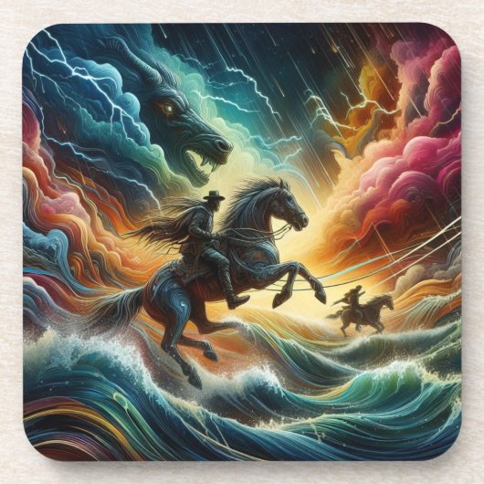 Dynamisch duo: Stormy Horseback Adventure Bier Onderzetter (Voorkant)