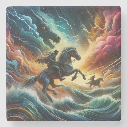 Dynamisch duo: Stormy Horseback Adventure Stenen Onderzetter (Voorkant)