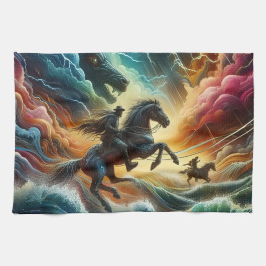 Dynamisch duo: Stormy Horseback Adventure Theedoek (Horizontaal)